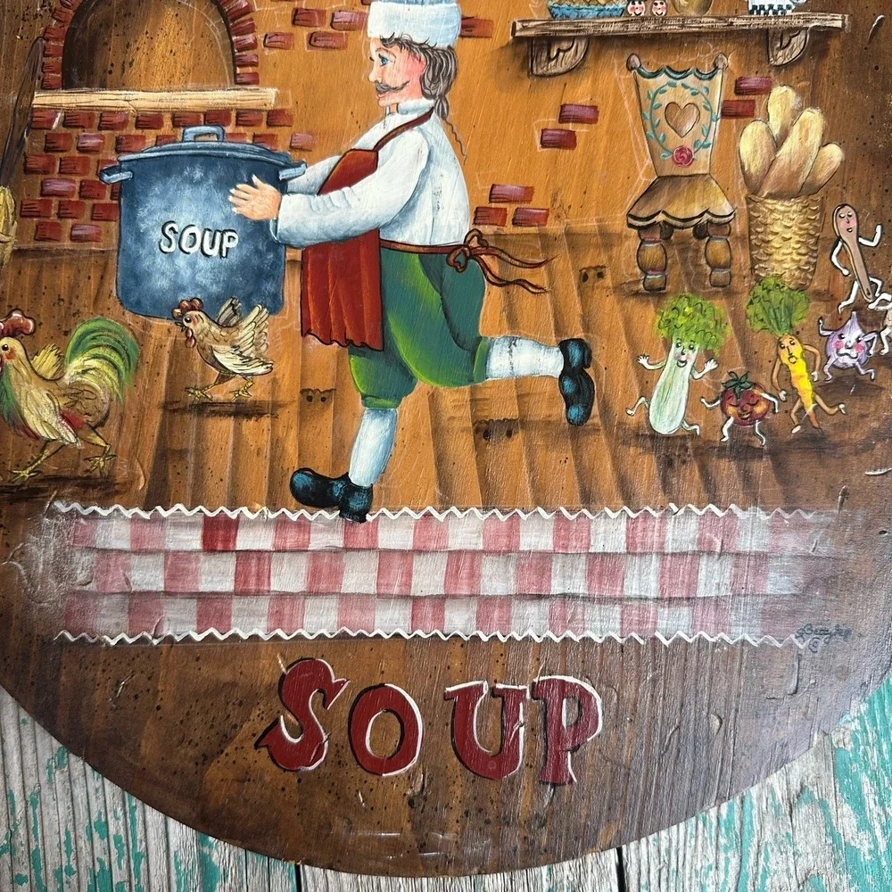 VTG Folk Art Hand Painted Wooden Cutting Board Wall Decor Chicken Soup Signed